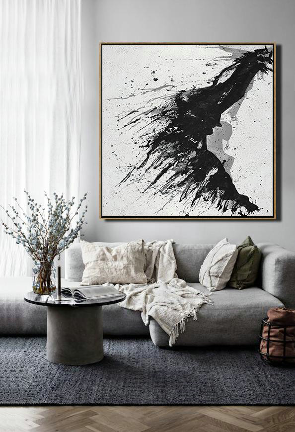 Large Contemporary Art Acrylic Painting,Minimalist Drip Painting On Canvas, Black, White, Grey - Original Modern Art,Large Wall Art Handmade